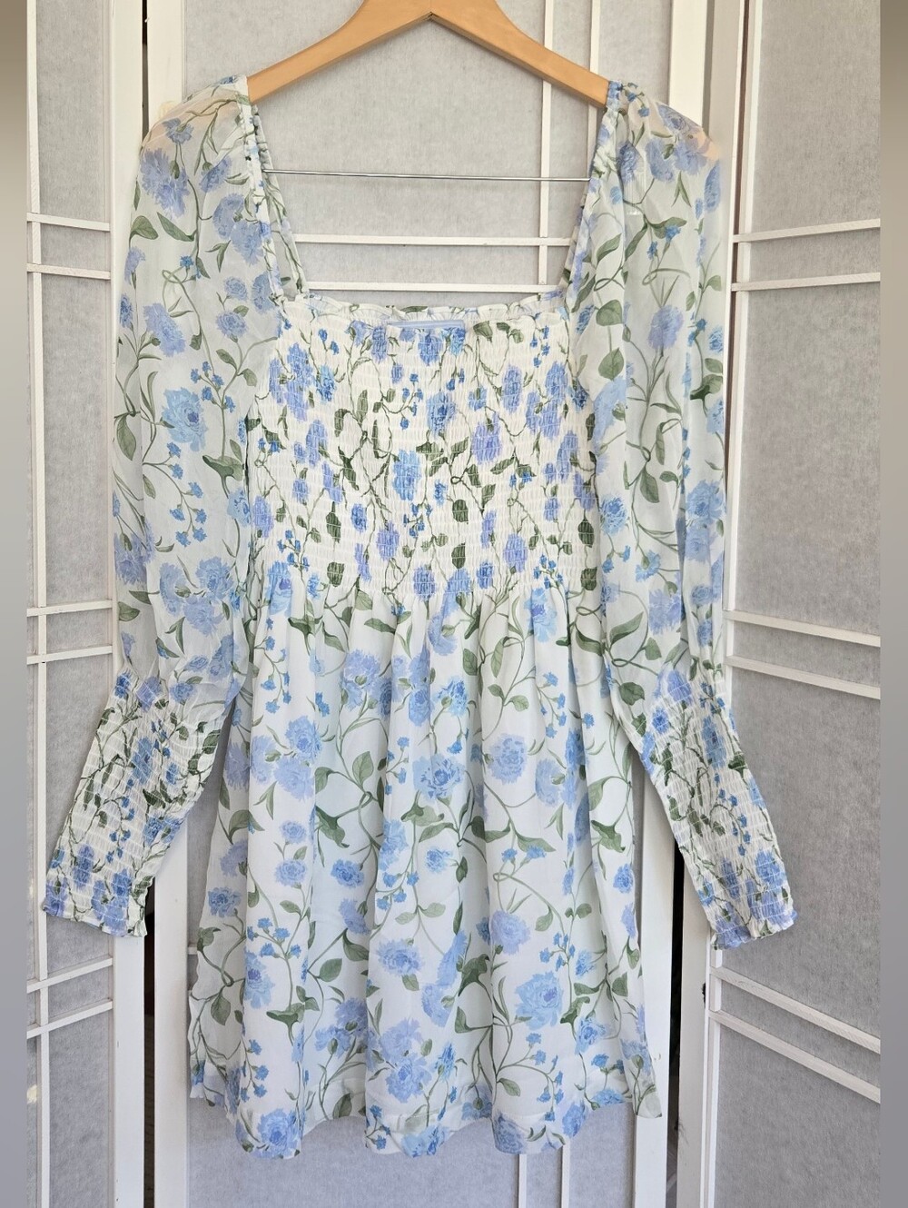 Hill House Pale Blue Floral Smocked Square-Neck Mini Dress